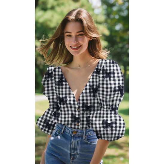 Coton Yarn dyed checks tule flowers